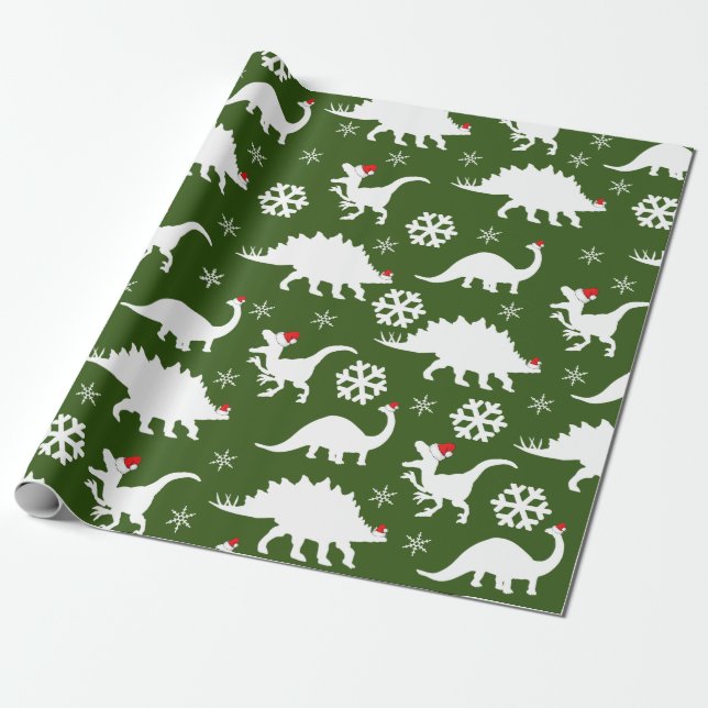 Papel De Presente Dinossauros de Natal e Flocos de Neve (Desenrolado)