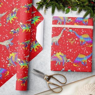 Papel De Presente Dinossauros de Natal usando Chapéus de Papai Noel 