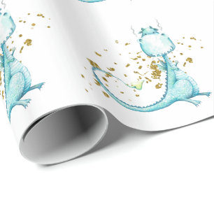 Papel De Presente *~* Dinossauros Dourados do Teal Azul e Bonitos