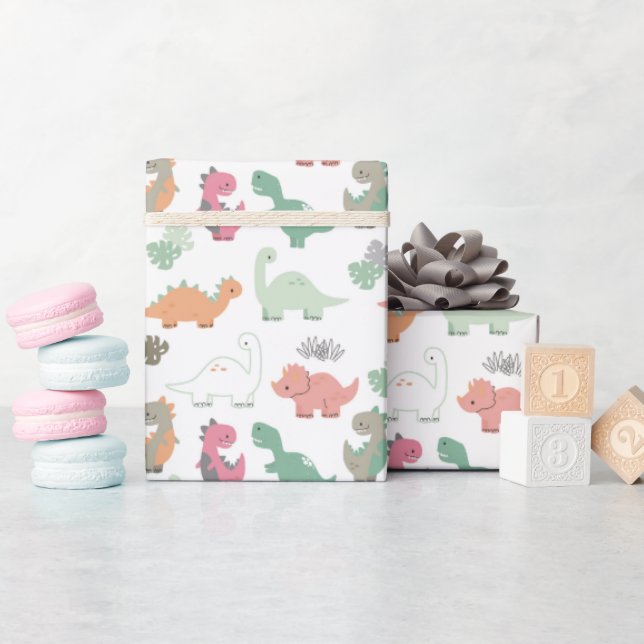 Papel De Presente Dinossauros Pastel em Fundo Branco (Chá de bebê)