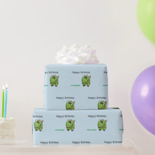 Papel De Presente Dinossauros verdes fofos personalizados azul anive