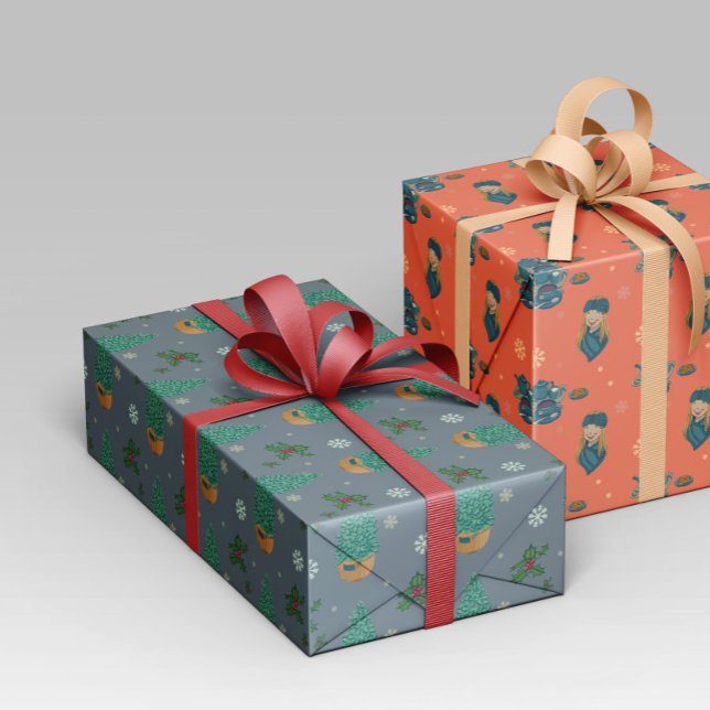 Papel De Presente Diseño navideño con árbol, copos nieve y acebo. (Criador carregado)