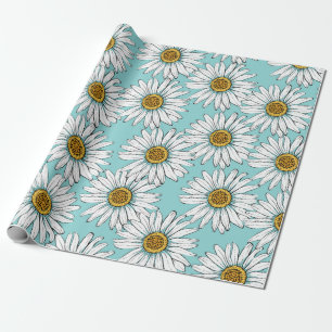 Papel De Presente Disies White Flowers em Blue Vintage Pat Sem Costu