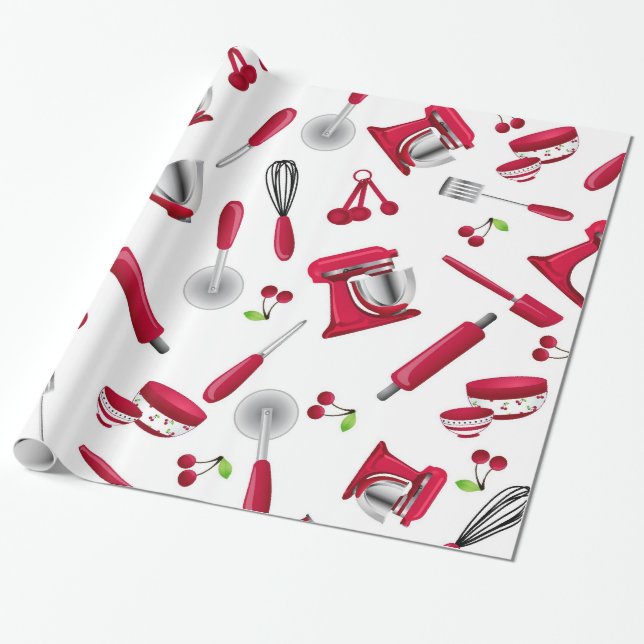 Papel De Presente Dispositivo vermelho retro da cozinha (Desenrolado)