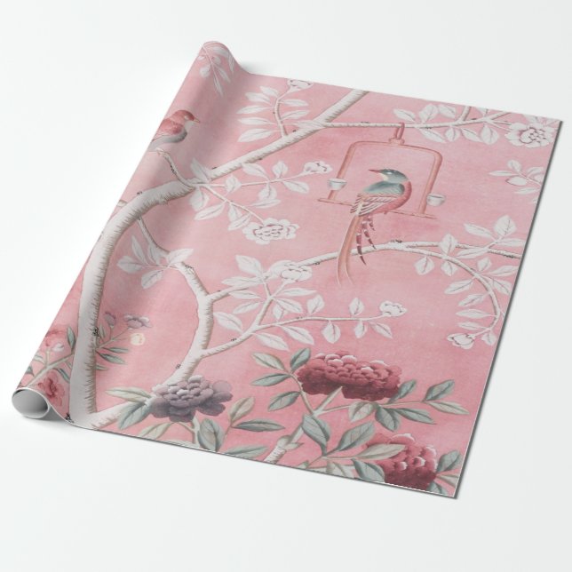 Papel De Presente Dissociação de pássaros de Chinoiserie Rosa (Desenrolado)