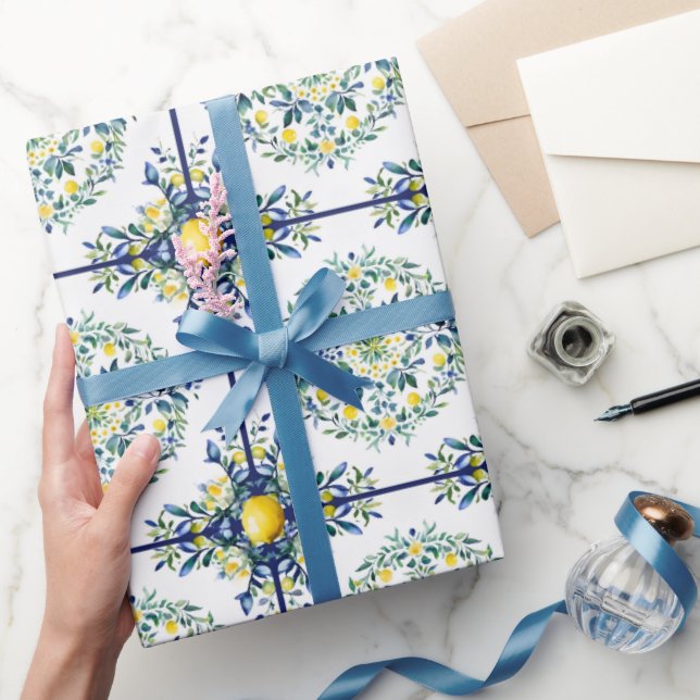 Papel De Presente Dissociação Floral Azul e Branco, Azulejo Italiano (Presentear)