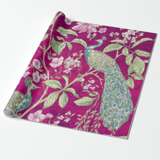 Papel De Presente Dissociação floral de pavão Fuchsia Chinoiserie