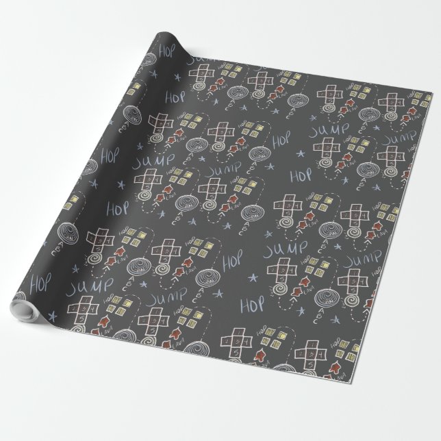Papel De Presente Diversão Amarelinha Educacional Giz Padrão Cinza C (Desenrolado)