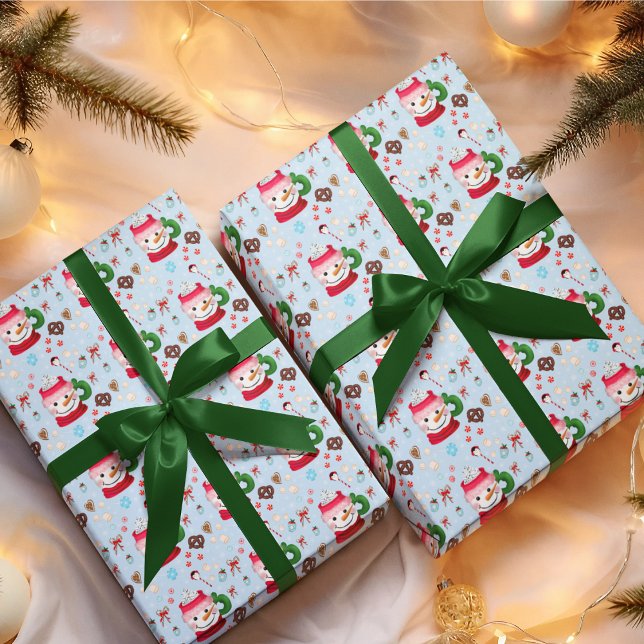 Papel De Presente Diversão com Chocolate Quente e Boneco de Neve (Wrap your gifts in delightful winter cheer with Snowman Hot Chocolate Fun.)