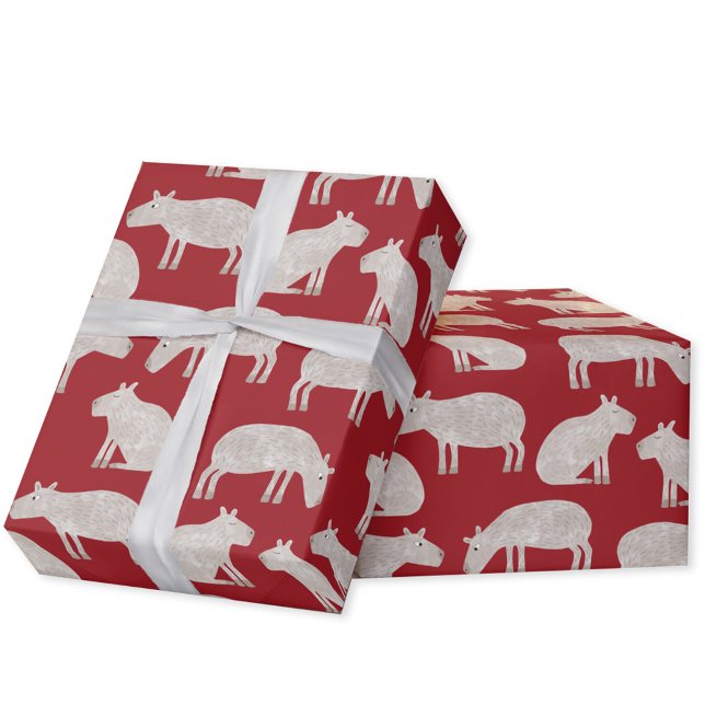 Papel De Presente Diversão de Capybara Red Natal (Fun capybara red pattern Christmas gift wrap for the winter holidays.)
