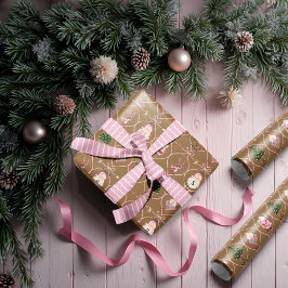 Papel De Presente Diversão de Natais vintages Retro Cor de Fita Rosa