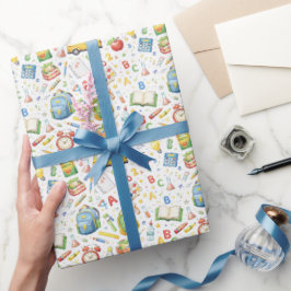 Papel De Presente Diversão de Volta às Aulas – Padrão de Aquarela pa