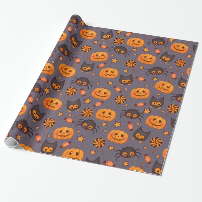 Papel De Presente Diversão Halloween Pumpkins Padrão Púrpura Fundo (Desenrolado)