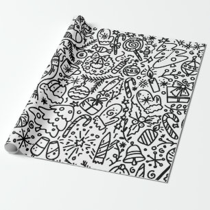 PAPEL DE PRESENTE DIVERTIDO EM NEGRO E BRANCO, DOODLE DE NATAL DE AR