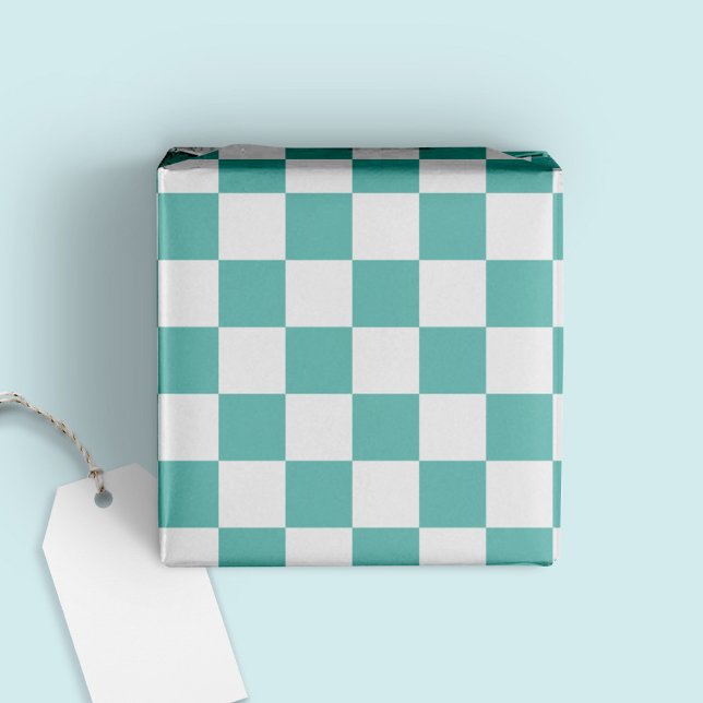 Papel De Presente Divertido Moderno Trendy Checkered Aqua + Branco (Criador carregado)