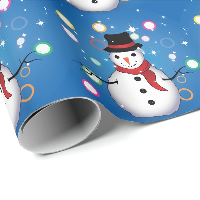 Papel De Presente Divertido Snowman Feliz Natal em AZUL (Ponta do rolo)