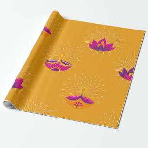 Papel De Presente Diwali Radioso Diya e Espiritualidade do Lótus