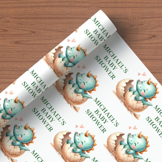 Papel de Presente do Bebê Dino com Design de Nasci (Baby Dino Gift Wrap with Hatching Soon Design)