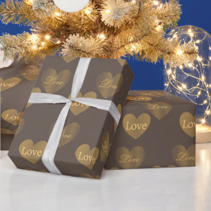 Papel De Presente Dobre os Corações de Amor Dourado no Taupe Médio