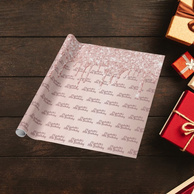 Papel De Presente Doce 16.º aniversário, pingos de rosa dourados (Criador carregado)