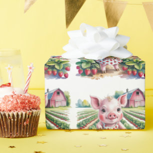 Papel De Presente Doce Fazenda de Morango Porquinha Menina Aniversár