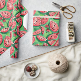 Papel De Presente Doce Melancia Vermelha Verde de Verão Aquarela