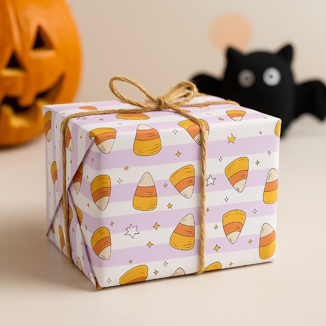 Papel De Presente Doce Milho de Candy e Estrelas Padrão de Halloween (Criador carregado)
