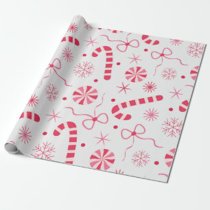 Papel De Presente Doce Natal Vermelho e Rosa com Laços e neve 