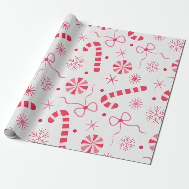 Papel De Presente Doce Natal Vermelho e Rosa com Laços e neve  (Desenrolado)