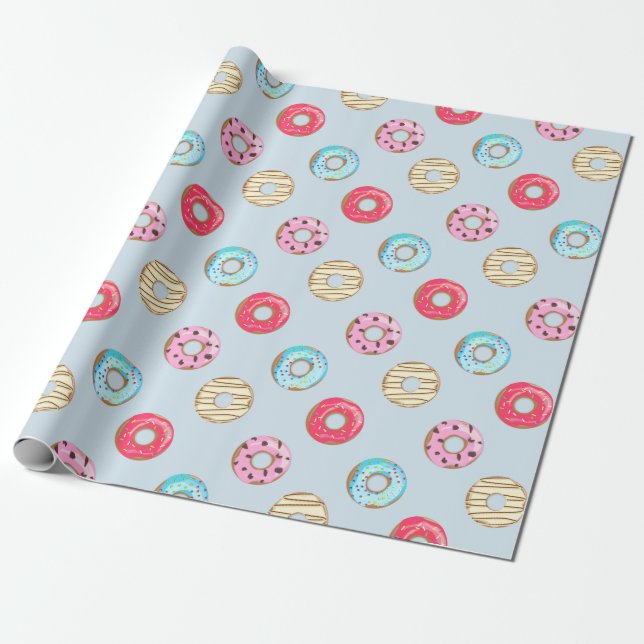 Papel De Presente Doce padrão de Doughnut Glacê Azul Claro (Desenrolado)