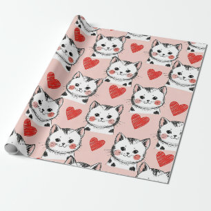 Papel De Presente Doce Padrão de Gatos Kawaii Rosa & Corações (8)