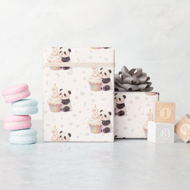 Papel De Presente Doce Panda de Pastel Aniversário de 3 anos (Chá de bebê)
