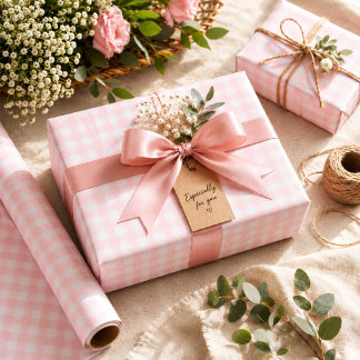 Papel De Presente Doce Rosa Suave Xadrez de Aniversário