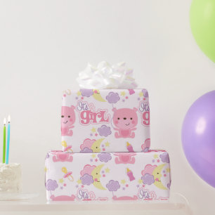 Papel De Presente Doce Sonhos Rosa É uma Garota Nuvens e Lua