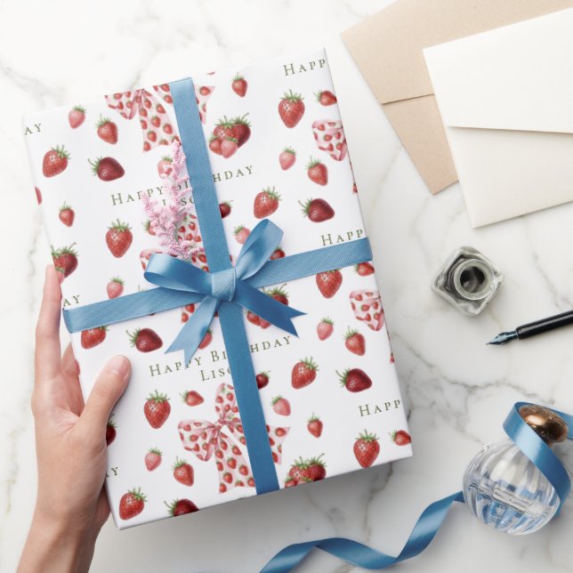 Papel De Presente Doce Vermelho Morango Rosa Laço Fofo Aniversário (Presentear)