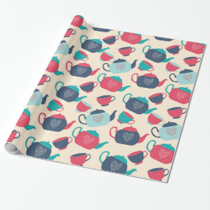Papel De Presente Doces Azuis E Vermelhos E Copas De Chá
