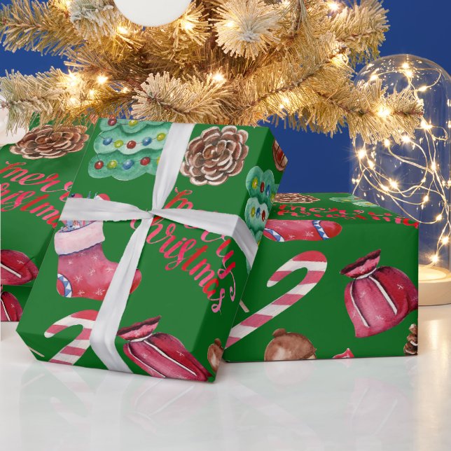 Papel De Presente Doces de Natal e Decorações Verde  (Feriados)