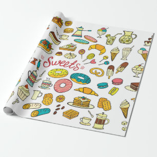 Papel De Presente Doces de rabisco coloridos comida em branco. Vinta