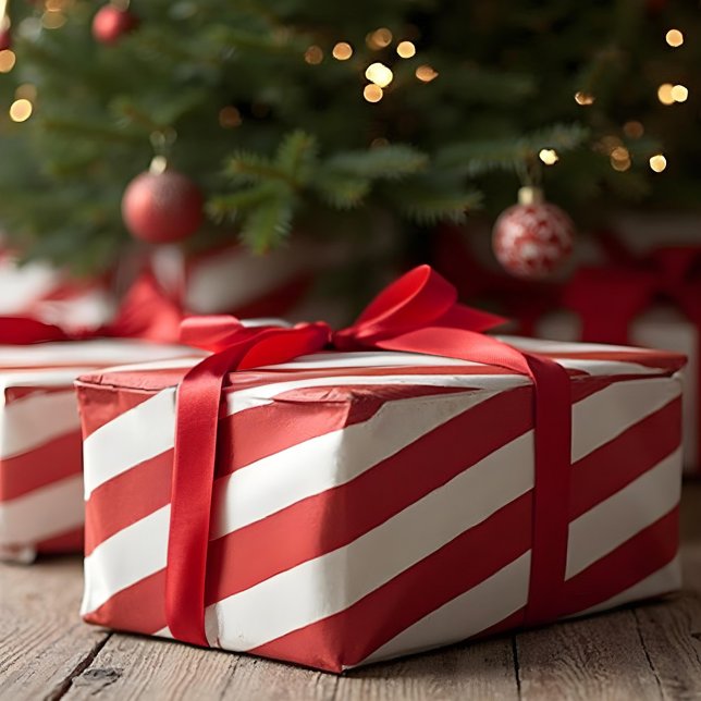 Papel De Presente Doces vermelhos e brancos divertidos podem tirar o (Fun Red & White Candy Can Stripe Festive Christmas Wrapping Paper)