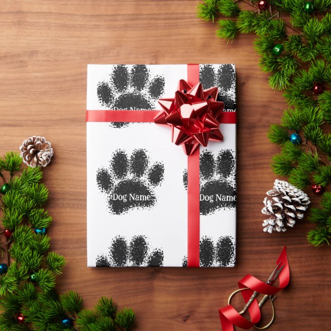 Papel De Presente Dog Paw Print Custom Name Rubber Stamp Effect (Presente de Natal)
