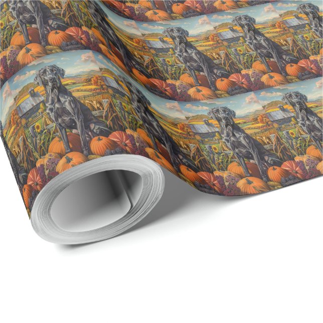 Papel De Presente Dogue Alemão Colheita de Outono Dia de Ação de Gra (Ponta do rolo)
