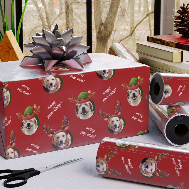 Papel De Presente Dois Cachorros Foto Reindeer Antler Feliz Natal Ve (Criador carregado)