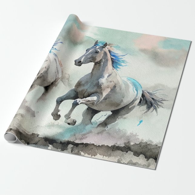 Papel De Presente Dois Cavalos Selvagens em Corrida Aquarela (Desenrolado)