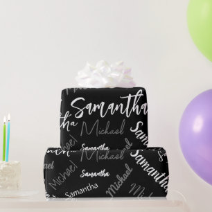 Papel De Presente Dois nomes casal padrão monograma cinza preta bran