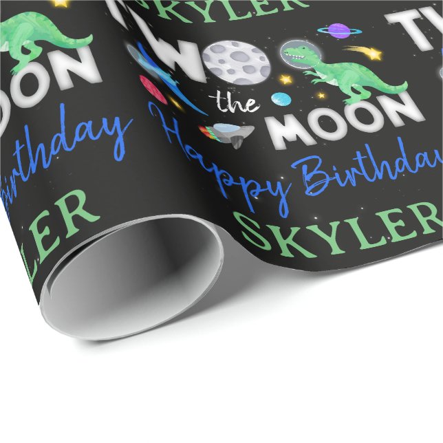 Papel De Presente Dois Para a Lua Dinossauro Astronauta 2º Aniversár (Ponta do rolo)