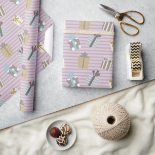 Papel De Presente Dons de Natal e padrão de listras roxas
