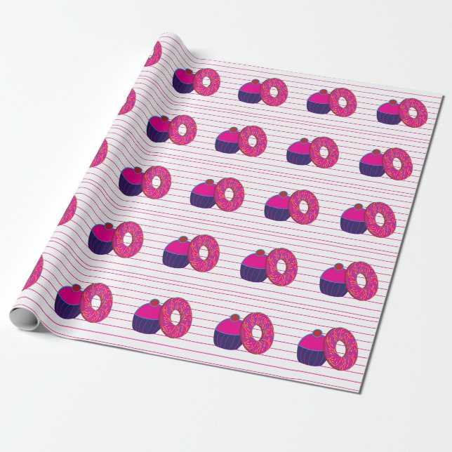 Papel De Presente Donut Cupcake Faixa Rosa Donut Cupcake (Desenrolado)