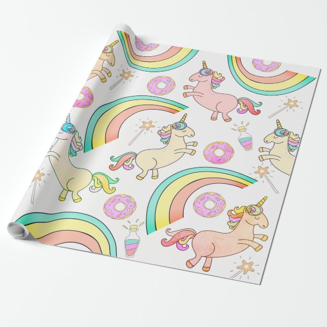 Papel De Presente Donuts com glacê rosa, unicórnios, varinhas mágica (Desenrolado)