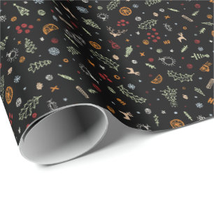 Papel De Presente Doodle de Natal Retro em Preto Puro
