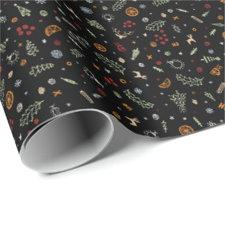 Papel De Presente Doodle de Natal Retro em Preto Puro